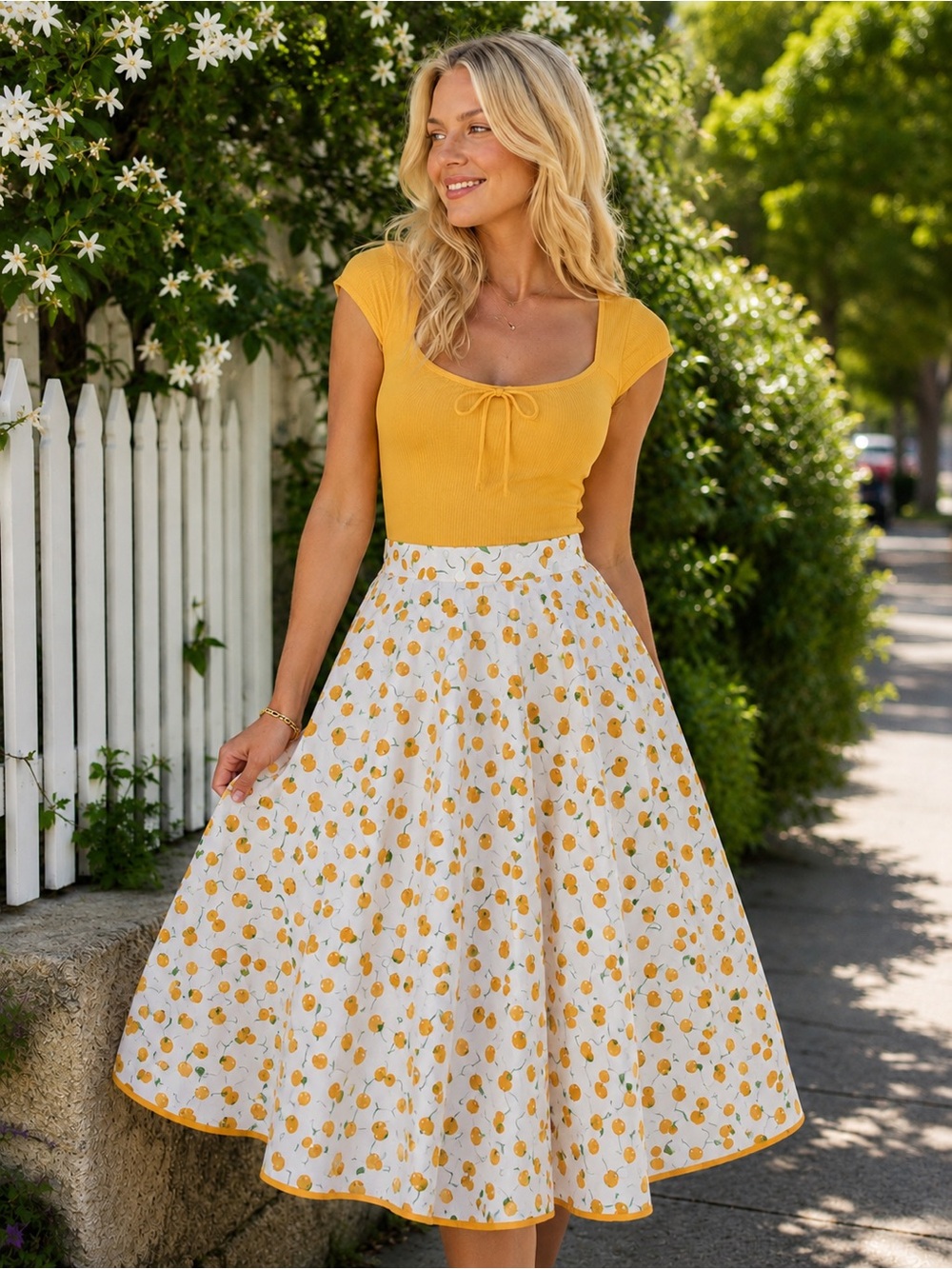 NWT Gorgeous Sunny Yellow Cherry Print Circle Skirt Tulip B 100% Cotton Pockets